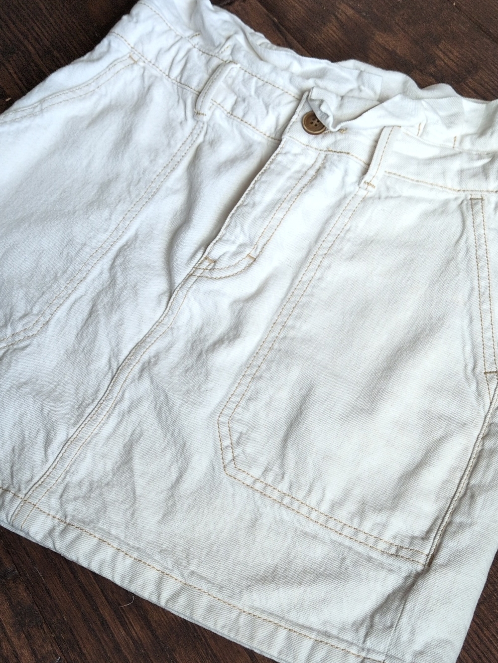 FREE PEOPLE I Cream White Paper Bag Ruffle Top Style Denim Mini Skirt, 4